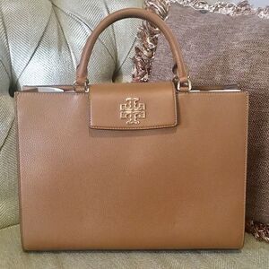 TORY BURCH BRITTEN TOTE HANDBAG CROSSBODY COGNAC GOLD HARDWARE